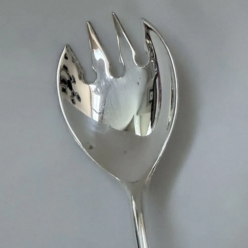 Italy Silverplate Flatware 2pc Solid Salad Set 9” Glossy Plain Round End Down